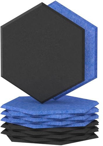 TONOR 12 Pezzi Pannelli Acustici Murali Autoadesivi, 30 x 26 x 1 cm Pannello a muro 3D Acustico ad Alta Densità, Schiuma Acustica Esagonale Isolante per Studi, 6 Confezioni Nero e 6 Confezioni Blu