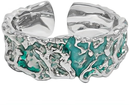 NicoWerk Damen Silberring Türkis aus 925 Sterling Silber Breit Bandring Strukturiert Gemustert Glänzend Ausgefallen Emaille Mosaik Offen SRI973