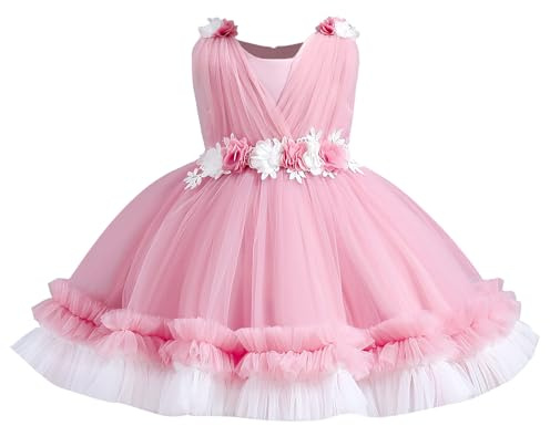 IMEKIS Vestido de bautizo sin mangas para niños, bebé, niña, sin mangas, cuello redondo, flores, volantes, tul, tutú, princesa, vestido de flores, vestido de boda, vestido de fiesta, vestido de