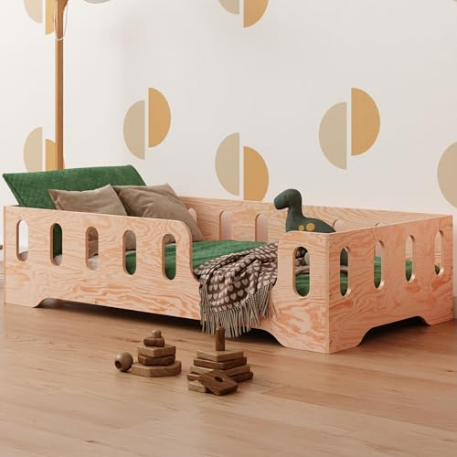 smartwood Golvsäng 70x140 - Montessori Barnsäng i trä med FSC-certifikat - TILA 2P med fallskydd och ribbotten, belastningsbar upp till 230 kg - Enkel montering
