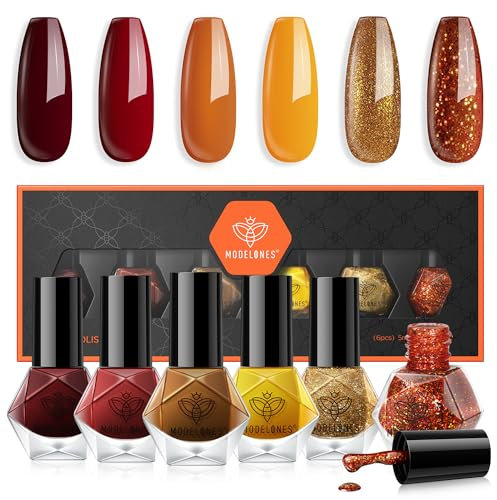 Modelones Nail Polish Set 6 Colors Autumn Winter Gold Glitter Red Nail Polish Orange Yellow Quick Dry Nail Varnish Manicure DIY Nail Art Salon Home For Women