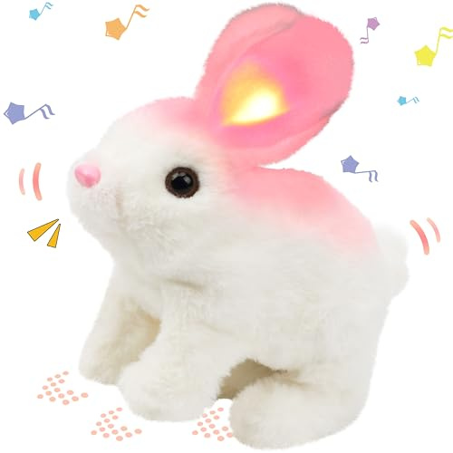 Hopearl Hopping Rabbit with LED Ears Interactive Electronic Pet Plush Bunny Toy with Sounds and Movements Animated Walking Wiggle Light up Ears Twitch Nose Gift for Toddlers Birthday, White, 7''