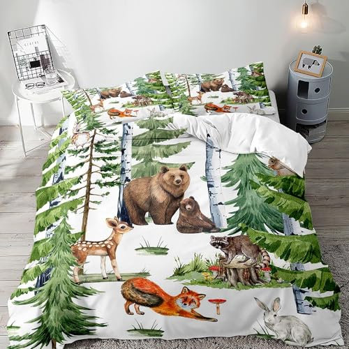 LUVIVIHOME 2PCS Deer Bear Duvet Cover Twin, Toddler Baby Boys Girls Kids Bedding Set, Cute Fox Rabbit Racoon Owl Green Forest Animals White Comforter Quilt Cover, Woodland Nursery Decor, 1 Pillow Sham