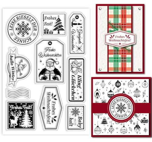 GLOBLELAND Sellos Transparentes de Silicona Texto de Navidad Sellos de Papá Noel y Campanas para Manualidades y Tarjetas