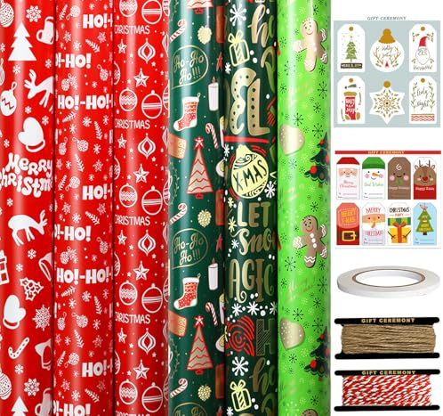 FullJoyHut 6 Rotoli di Carta Regalo Natalizio Verde & Rossa - 43cm x 3M per Rotolo, Carta da Regalo Natalizia Angeli con Etichette, Corda e Nastro per Confezione Regalo di Natale
