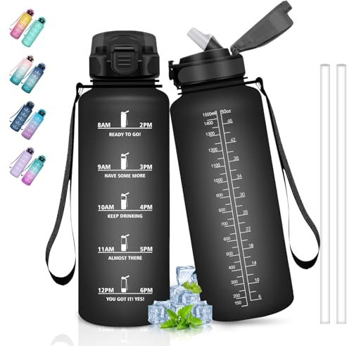Gourde 1,5l, Gourde Sport, Anti-Fuite, Bouteille avec Paille pour Randonnée, Gourdes Graduée avec Slogan de Motivation, Bouteille Adulte, Facile à Transporter, pour Extérieur, Camping, Randonnée