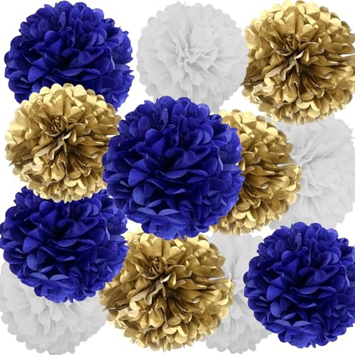 Pompons Papier de Soie,12 Pièces Papier Fleur Pompon Bleu, Or, Blanc pour fête décoration, Plafond, Mur,Mariage, décoration de fête d'anniversaire
