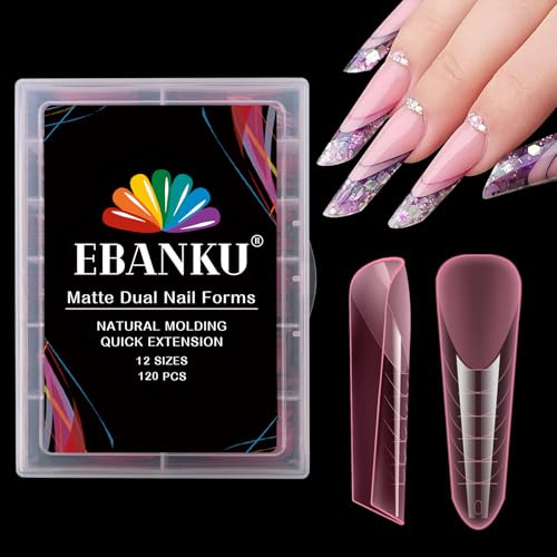 EBANKU 120PCS Rosa Unghie Finte Nail System Dual Nail Form Matte Stiletto Sistema per Unghie Strumenti per Manicure per Unghie con Scala Graduata