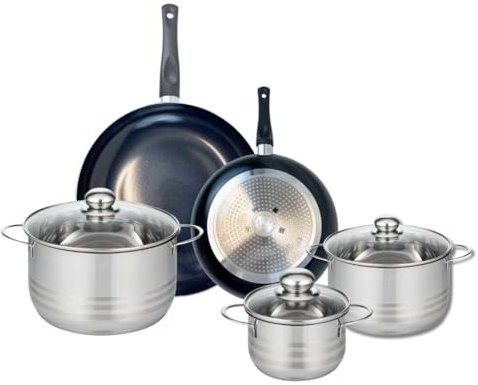 ELO 9736550 Batterie de cuisine 5 pièces, Ensemble de 2 Poêles de cuisson 24 et 32 cm et 3 faitouts 16, 20 et 24 cm Elo Prima Brillant, inox, induction