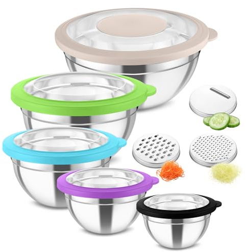 Homikit Rührschüssel 5er Set, Edelstahl Schüssel Salatschüssel mit Transparenter Luftdichtem Deckel & 3 Reibeaufsätzen für die Küche, 4,6L/2,8L/1,6L/1,2L/0,7L, Stapelbar, Spülmaschinenfest, Bunt