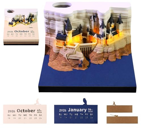 Calendario 3D 2026, TGKYK Time Piece, calendario 2026, con luce LED, calendario da tavolo con castello 3D, scultura in carta, calen-dar, per regalo, Natale, compleanno (castello magico)