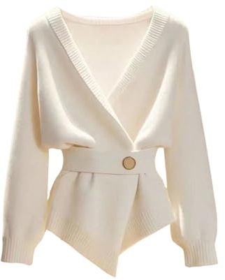 MakeMeChic Women's Plus Size Elegant Cardigan Sweaters Long Sleeve Wrap V Neck Belted Fall Business Outfits White 3X-Large