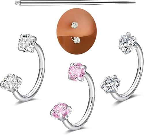 Velvoria 3 pezzi anelli naso a ferro di cavallo, 18G acciaio chirurgico, anelli per il naso da donna, semi-creole, orecchino Daith-Tragus, gioielli piercing Helix, anello settale doppio gemma,
