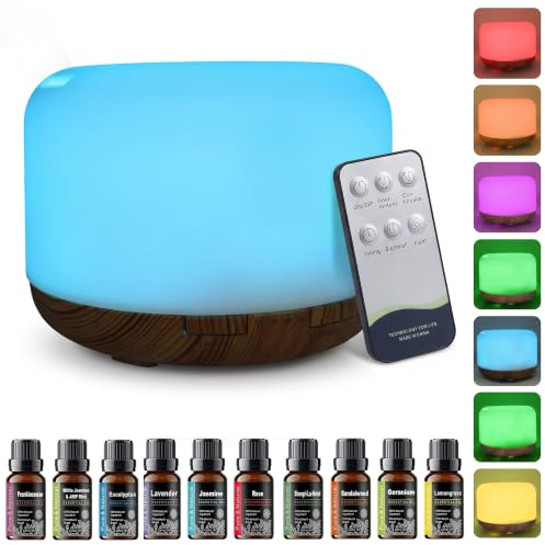 LKH Essential Oil Diffuser & Humidifier 500ml | Aromatherapy Diffuser with 10x Oils - Air Humidifier for Bedroom with Remote, LED Mood Lights & Timer – 1.5m USB Cable