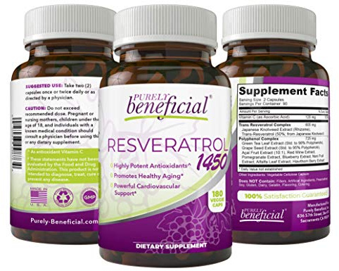 PURELY beneficial RESVERATROL1450-90day Supply, 1450mg per Serving of Potent Antioxidants & Trans-Resveratrol, Promotes Anti-Aging, Cardiovascular Support, Maximum Benefits(1bottle)