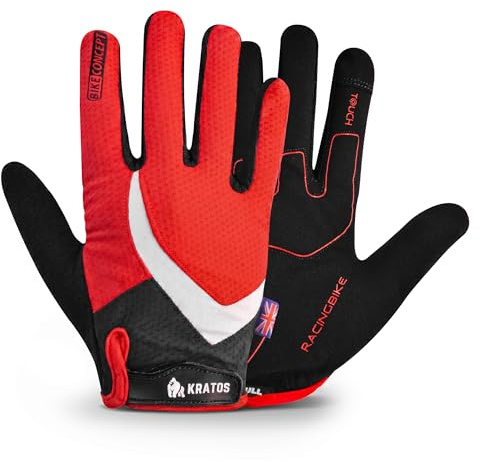 Kratos Cycling Gloves for Men and Women, Shock Absorbing Gel Padded Mountain Bike Gloves - Anti Slip & Breathable MTB Gloves with Adjustable Hook and Loop Fastening (Red (Full Finger), XL)
