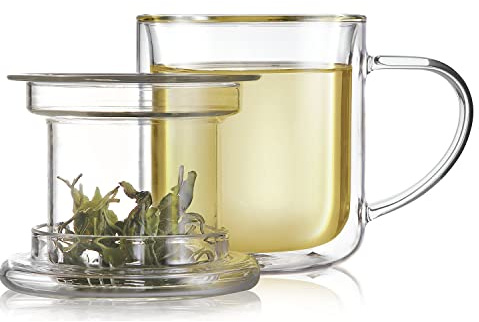 Teabloom Heatproof and Insulated Borosilicate Glass Tea Cup with Infuser for Whole-Leaf Loose Tea – Tea Purist's Choice – Wellbeing Double-Walled Infusion Mug with Lid (8 oz)