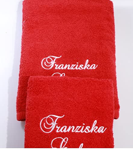 Generisch ★ Handtücher Set 2-TLG. - Duschtuch 70x140 + Handtuch 50x100 mit Namen Bestickt ★ Geschenk ★ Badetuch ★ 500 g/m2 ★ 100% Baumwolle ★ SUPER QUALITÄT ★ (2-TLG. - 70x140 cm + 50x100 cm, Rot)