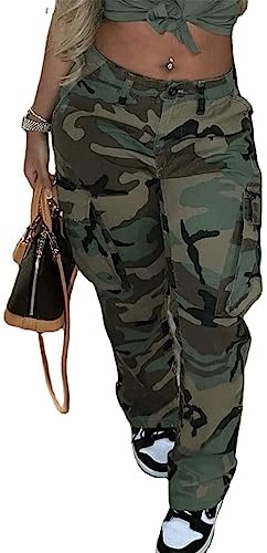 Vakkest Womens Cargo Pants Camo Jogger Leggings Workout Sweatpants Oversized Outdoor BF Streetwear with Pockets