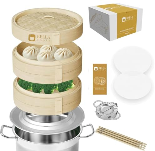 BELLA COOKS Vaporiera in bambù per cucinare – Cestino per piroscafo con anello – Adatto a ogni pentola – Vapore per gnocchi – Incl. bacchette extra e fodere in silicone