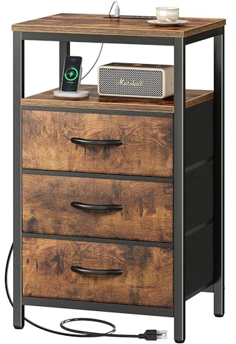 Huuger Nightstand with Charging Station, 27.6 Inch Bedside Table with Fabric Drawers, End Table with USB Ports and Outlets, Night Stand for Bedroom, Rustic Brown