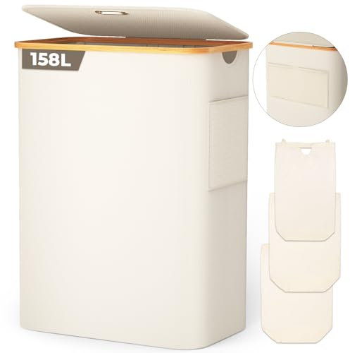 OUSFOT Cesto per la Biancheria con 3 Scomparti per Vestiti Sporchi Manico in bambù 158L con CoperchioTasca Posteriore Pieghevole in Rete Cesto per la Biancheria Beige