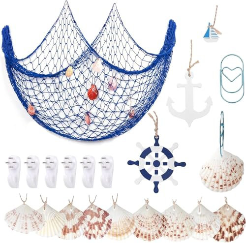 YSDMY Filet de pêche décoratif avec coquilles，Voilier en bois，Roue de Bateau，ancre en bois，Non-Trace Crochets，trombone 1 m x 2 m pour Décoration Maritime Décoration Murale （Bleu）