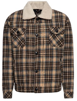 King fotogen, lastbilsjacka för män, bikerjacka | rutig | långärmad | sherpajacka | vintage | retro | rutig | vinterjacka | teddypäls | Kalifornien | biker | Chopper Kalifornien, BRUN, S