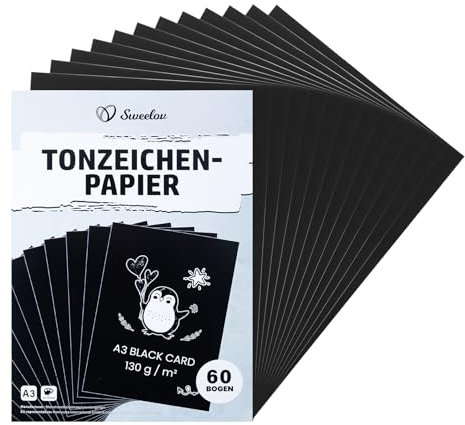 Tonpapier Schwarz - 60 Blatt schwarzes papier A3 (42x29,7cm) 120g/m² | Mattes tonpapier & papier schwarz | Bastelpapier bastelkarton für Zeichenkarton DIY Kreativ Fotoalben Scrapbooking