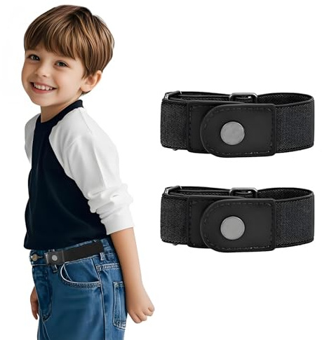 FloraMolly Cinturón niño sin abrochar, 2 cinturones elásticos negros ajustables, cinturón lateral para adolescentes para niños y niñas menores de 16 años