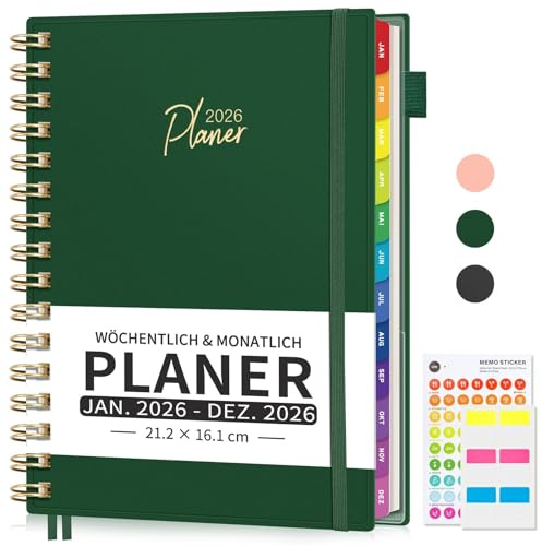 EMSHOI Kalender 2026, Terminplaner 2026, Wochenplaner A5 Terminkalender mit 30-Min-Intervallen, Schulplaner Notizbuch für Januar bis Dezember 2026 - Dunkelgrün