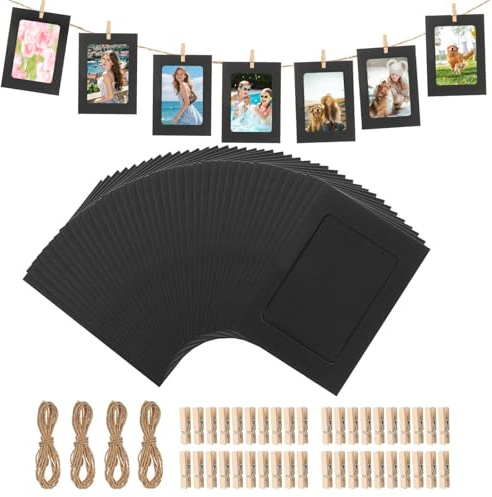 40PCS Cardboard Photo Frames, 4x6 Paper Photo Frames(Black) | with 40 Wooden Clips and 4 Hemp Ropes, DIY Wall Picture Hanging Frame, Cardboard Picture Frame for Wall Decor Home School