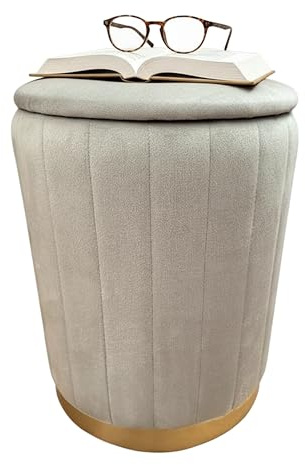 Relaxdays pall i sammet, sittpall med förvaringsutrymme, vadderad, H x D: 42 x 32 cm, rund sidopall, vardagsrum, ljusgrå