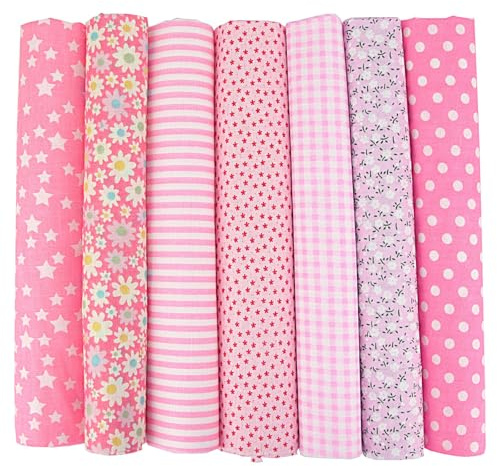 NEUJUS 7er Set Baumwollstoff 50x50cm – Stoff Meterware aus 100% Baumwolle, Patchwork Stoffe Paket, Stoffreste zum Nähen, Basteln & Quilten, Verschiedene Designs, DIY Stoffe (7 Stück Rosa)