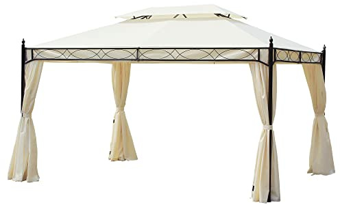 Outsunny Cenador de Jardín 4x3 m, Pabellón de Jardín Gazebo con Doble Techo, 4 Cortinas, Marco de Acero, 8 Orificios de Drenaje, Anti-UV, Carpa para Exterior, Terraza, Patio, Blanco Crema