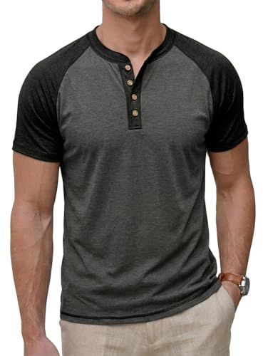 CTU Men's Grandad Henley Raglan Sleeve Button Casual T-Shirt | Stretchy Blended Material, Breathable & Sweat-Wicking, Shrink-Resistant, 4-Button Placket, Contrast Color Casual Tee