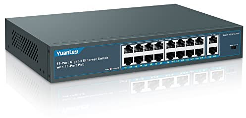 YuanLey 18 Port Gigabit PoE Switch, 16 PoE+ Port 1000 Mbps, 2 Gigabit Uplink, 250W 802.3af/at, Metal Desktop/Rackmount, Nicht verwalteter Plug and Play Netzwerk Switch