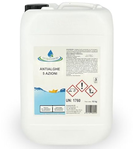 acquaverde | Antialghe 5 Azioni Liquido, Multifunzione non Schiumogeno, Trattamento Acqua di Piscina con effetto Alghicida, Inglobante, Flocculante, Azzurrante e Anticalcare, 10 kg