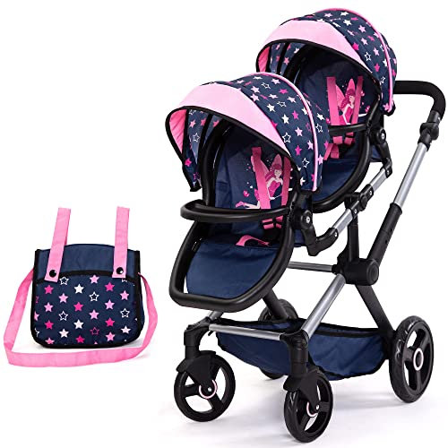 Bayer Design 26716AA Twin Dolls pram, Carriage, Adjustable Handle, Bag, Blue, Pink, Stars
