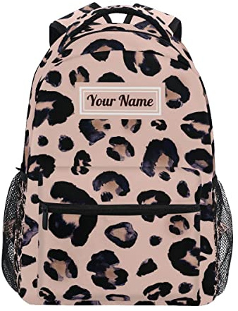 Custom Pink Black Leopard School Backpack, Personalized Your Name for Boys Girls Kids Travel Bag Bookbag