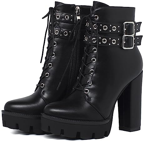 KiutSymo Gothic Ankle Boots For Women Studded Buckle Straps Chunky High Heels Platform Boots Lace Up Punk Combat Boots Black Size 9.5