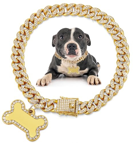 Hillban Golden Dog Chain Diamond Collar Necklace with Pet ID Jewelry Tags Rhinestones Stainless Steel Metal Link Collar Walking Chain for Christmas Puppy Boys Girls Gift Small Dogs (8 Inch)