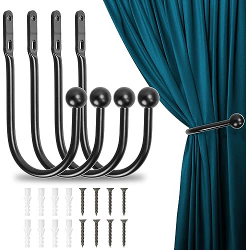 4 Stücke Raffhalter für Vorhänge Metall Schwarz U-Form Vorhang Raffhalter Wandbefestigung Gardinenhalter Raffhalter Vorhanghalter für Wohnzimmer Schlafzimmer Esszimmer Bäder Küchen Büros