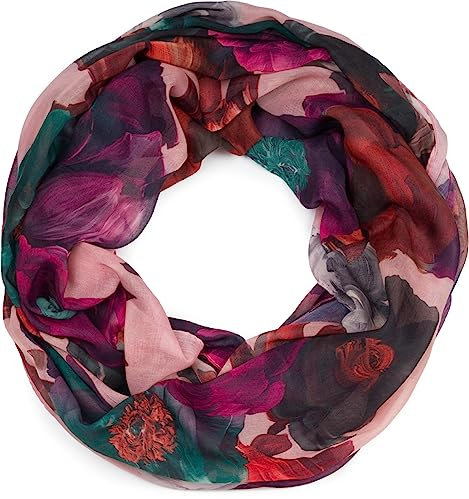 styleBREAKER Damen Loop Schal mit buntem Blumen Muster, leichter sommerlicher Schlauchschal mehrfarbig 01016217, Farbe:Rose-Pink-Dunkelgrün