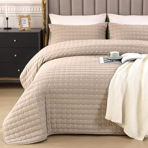 Qucover Khaki Bedspreads Soft and Comfortable Washed Cotton Bedspreads Super King Size with Morden Cross-Stich Pattern, 3 Pieces Quilted Bedspreads, Bed Throw Summer Duvet with Pillowcases, 269x243cm