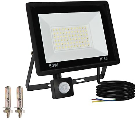 Caldarax 50W Faretto LED da Esterno con Sensore di Movimento, 4500LM 6000K Bianco Freddo, IP66 Impermeabile Faro LED Esterno per Garage, Giardino, Cortile