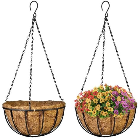 VIRSUS Cesti Portavasi Sospesi in Fibra di Cocco 7486, Diametro 30 cm, Struttura e Gancio in Metallo Verniciato Nero, Fioriera vaso da Appendere, Decorazioni per Piante e Fiori (2)