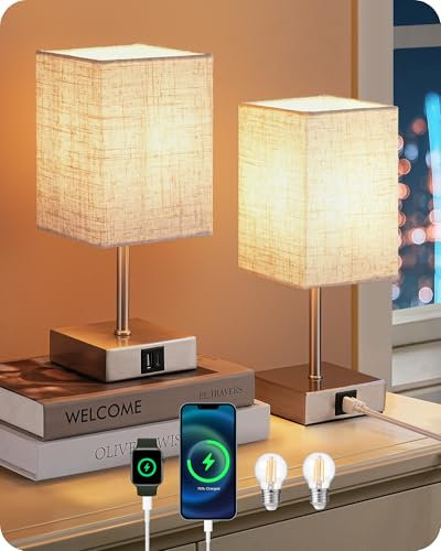 EDISHINE Lámpara de Noche Juego de 2, Lámpara de Mesa Regulable en 3 Modos con Puertos de Carga USB A+C, Lámpara Táctil para Dormitorio