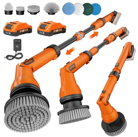 20V Electric Scrubber for Cleaning Floors, Walls - 2 Replaceable Battery Design for Outdoor Garden and Patio Cleaning Stubborn Stains, Telescopic Handle,8 Replaceable Brush Heads