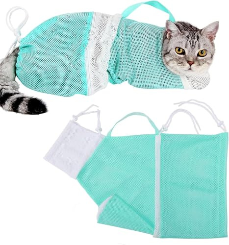 Yoogeer Adjustable Cat Bathing Grooming Bag, Puppy Dog Pet Cleaning Shower Net Bag, Anti-Bite Scratch Cat Restraint Bag For Shower, Cleaning Ear, Medicine Feeding, Nail Trimming (Green + White)